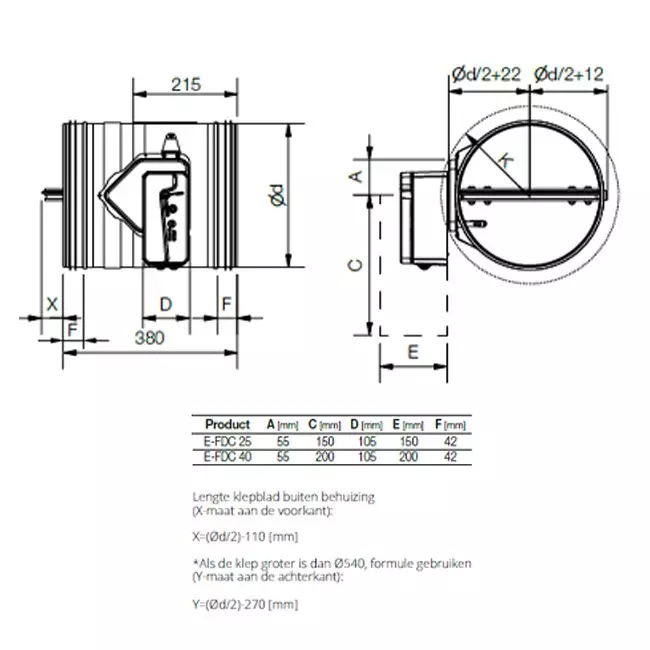 Klapa przeciwpożarowa okrągła 630 mm z przyłączem końcowym - E-FDC40 D630RS