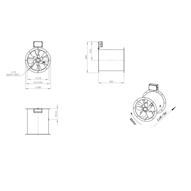 Osiowy 315 mm kanałowy wentylator spalin F300- AL 315 D4 F3 01 CFG