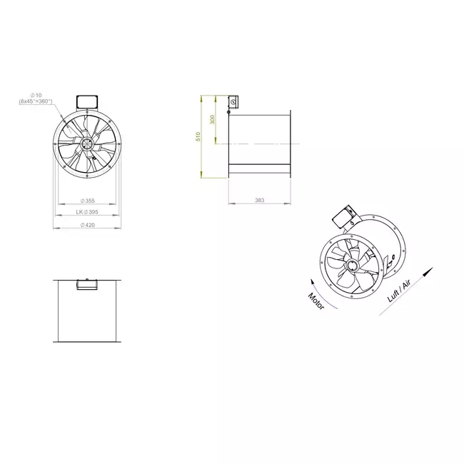 Osiowy 355 mm kanałowy wentylator spalin F300- AL 355 D4 F3 01 CFG
