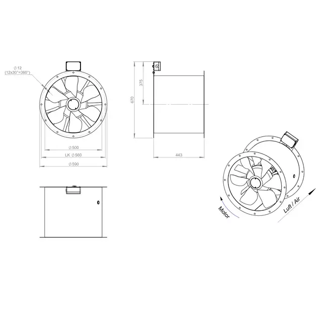 Osiowy 500 mm kanałowy wentylator spalin F300- AL 500 D4 F3 01 CFG
