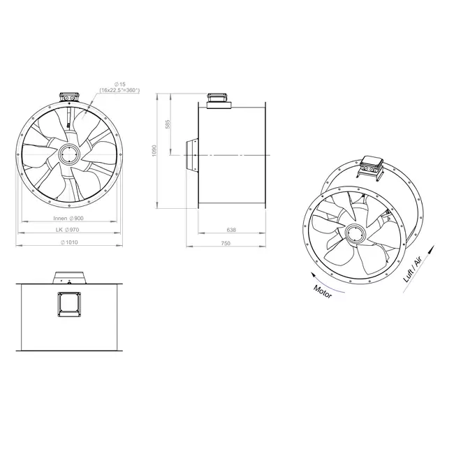 Osiowy 900 mm kanałowy wentylator spalin F300- AL 900 D4 F3 03 CFG