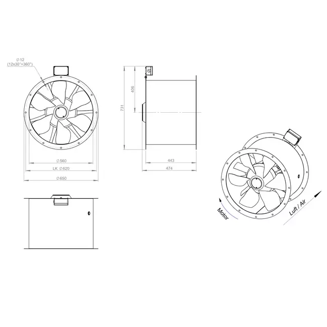 Osiowy 560 mm kanałowy wentylator spalin F300- AL 560 D4 F3 02 CFG
