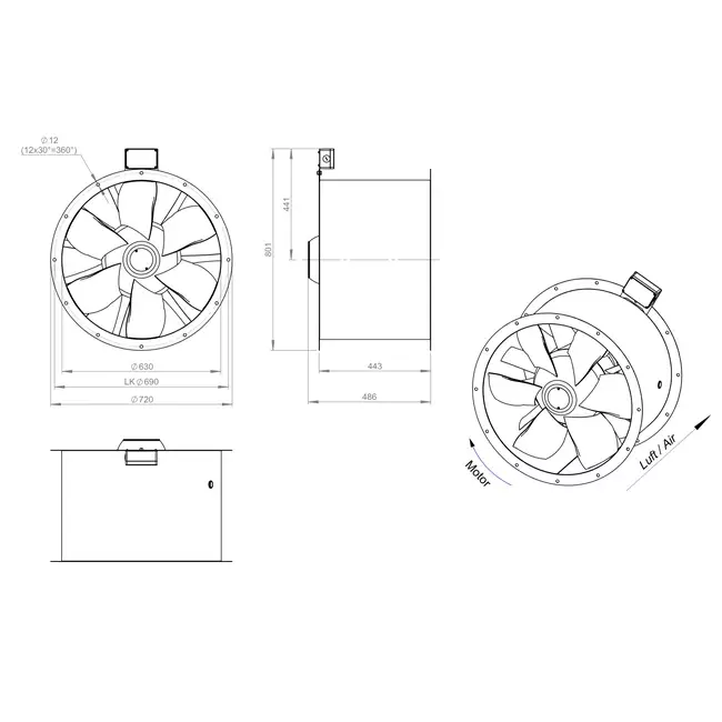 Osiowy 630 mm kanałowy wentylator spalin F300- AL 630 D6 F3 01 CFG