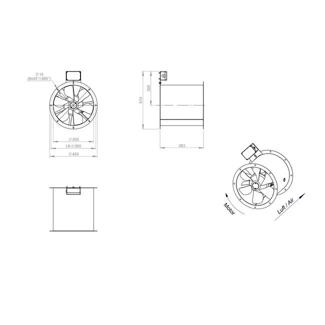 Osiowy 355 mm kanałowy wentylator spalin F400 - AL 355 D2 F4 01 CFG