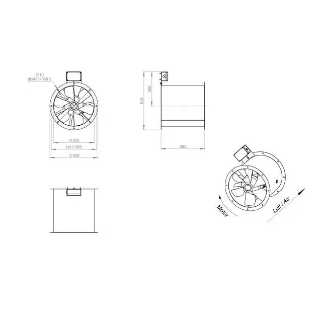 Osiowy 355 mm kanałowy wentylator spalin F300- AL 355 D2 F3 02 CFG