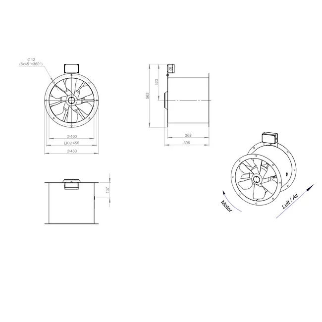 Osiowy 400 mm kanałowy wentylator spalin F400 - AL 400 D2 F4 01 CFG
