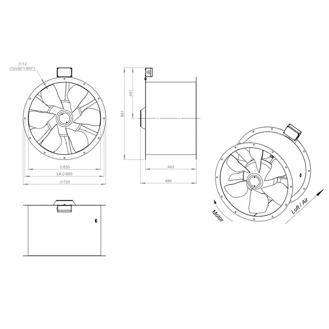 Osiowy 630 mm kanałowy wentylator spalin F400 - AL 630 D4 F4 03 CFG