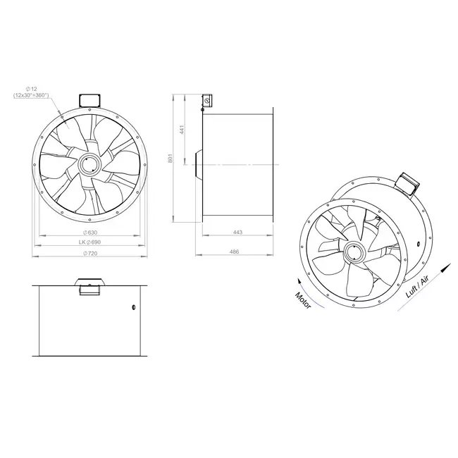 Osiowy 630 mm kanałowy wentylator spalin F300- AL 630 D4 F3 03 CFG