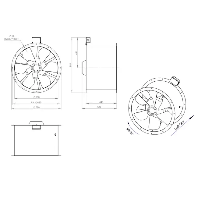 Osiowy 630 mm kanałowy wentylator spalin F300- AL 630 D6 F3 02 CFG