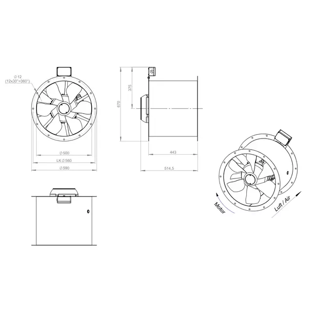 Osiowy 500 mm kanałowy wentylator spalin F400 - AL 500 D42U F4 01 CFG