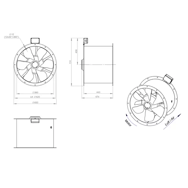 Osiowy 560 mm kanałowy wentylator spalin F400 - AL 560 D4 F4 02 CFG