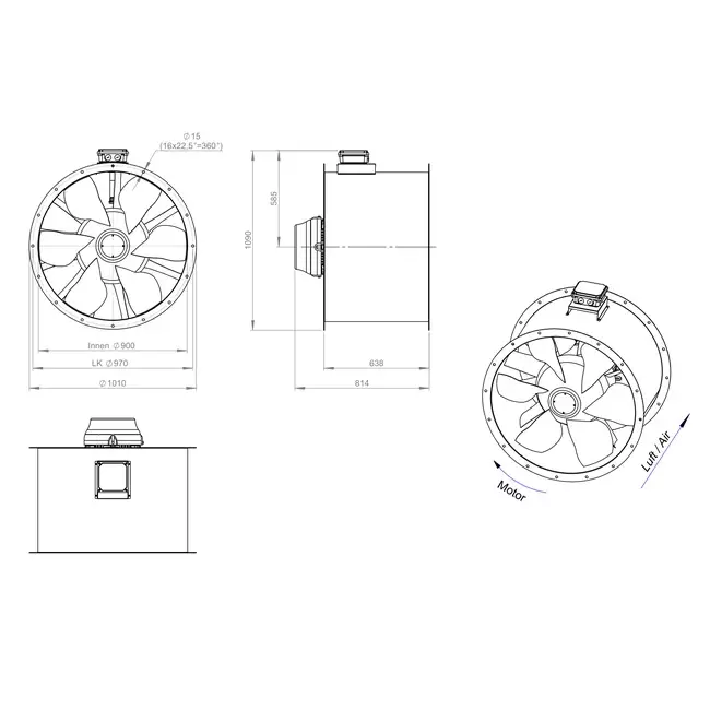 Osiowy 900 mm kanałowy wentylator spalin F400 - AL 900 D4 F4 05 CFG