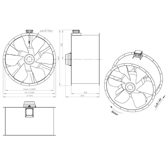 Osiowy wentylator kanałowy 1250 mm F400 - AL 1250 D6 F4 01 CFG