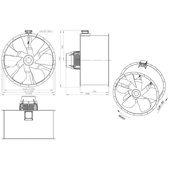 Osiowy wentylator kanałowy 1250 mm F400 - AL 1250 D6 F4 04 CFG