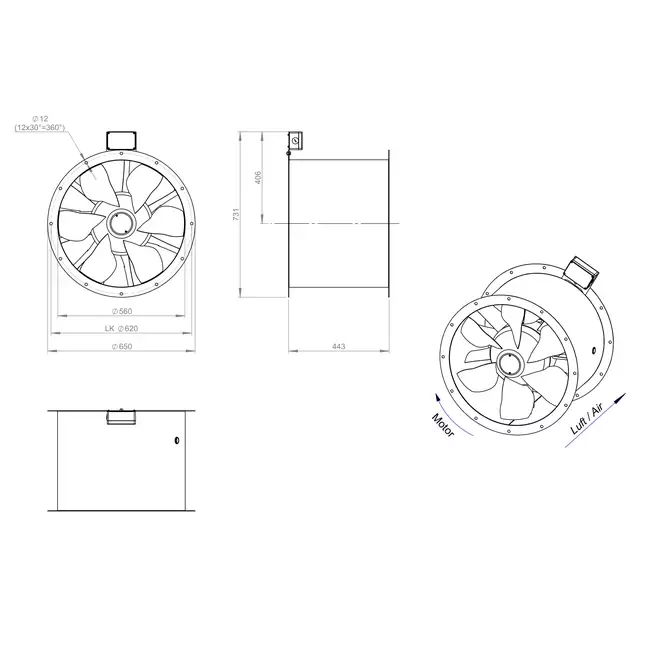 Osiowy 560 mm kanałowy wentylator spalin F400 - AL 560 D4 F4 01 CFG