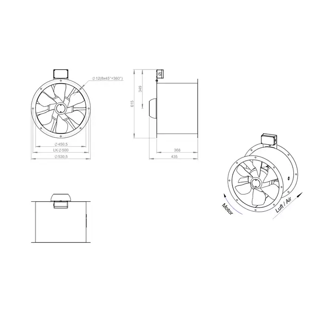 Osiowy 450 mm kanałowy wentylator spalin F300- AL 450 D42U F3 02 CFG