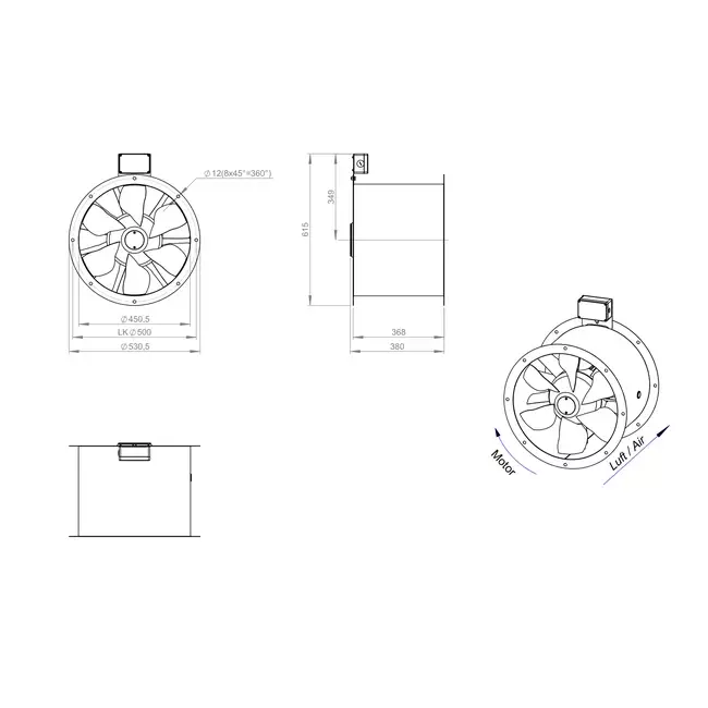 Osiowy 450 mm kanałowy wentylator spalin F300- AL 450 D4 F3 02 CFG