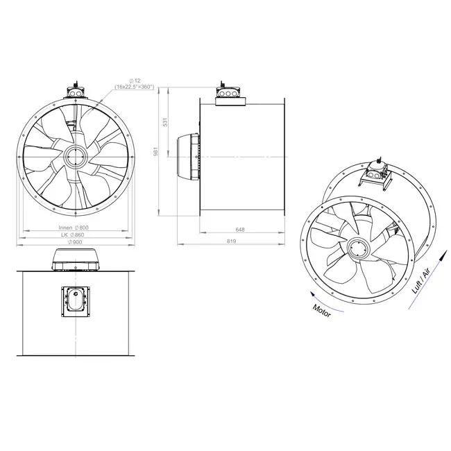 Osiowy wentylator kanałowy 800 mm - AL 800 D84U 03 CFG