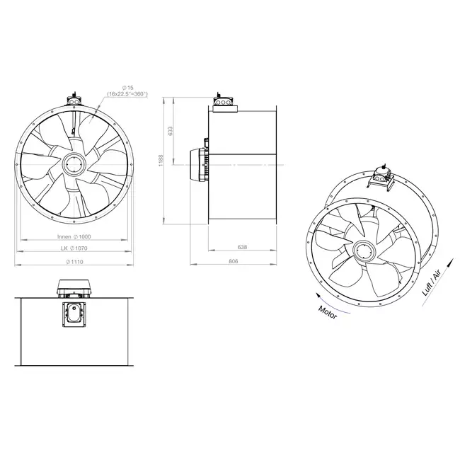 Osiowy wentylator kanałowy 1000 mm - AL 1000 D84U 01 CFG