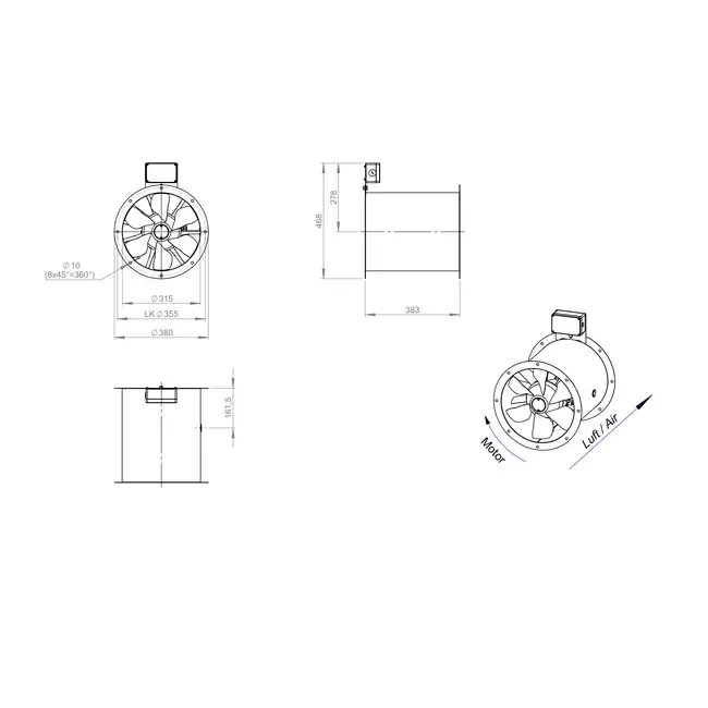 Osiowy 315 mm kanałowy wentylator spalin F300- AL 315 D42U F3 01 CFG