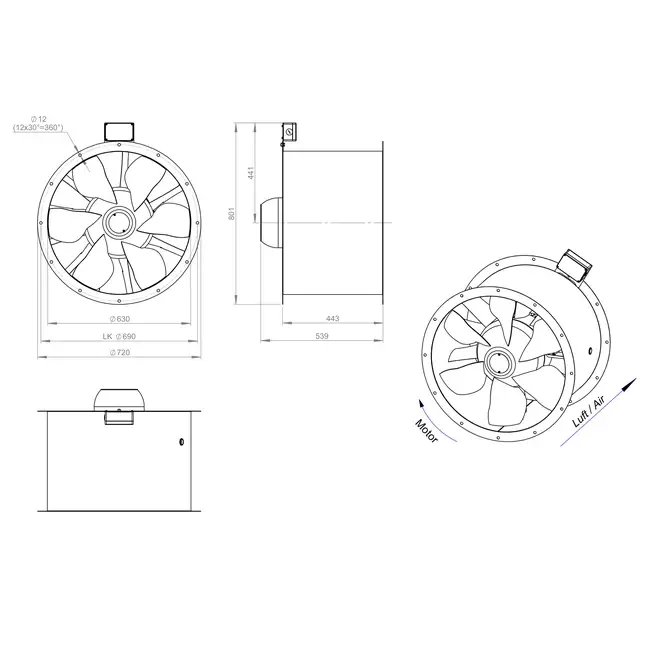 Osiowy wentylator kanałowy 630 mm F300- AL 630 D84U F3 01 CFG