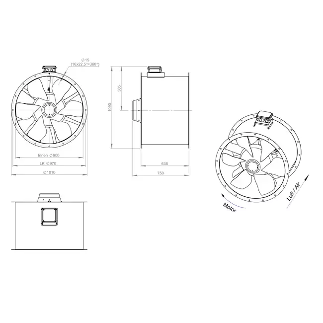 Osiowy 900 mm kanałowy wentylator spalin F300- AL 900 D84U F3 02 CFG