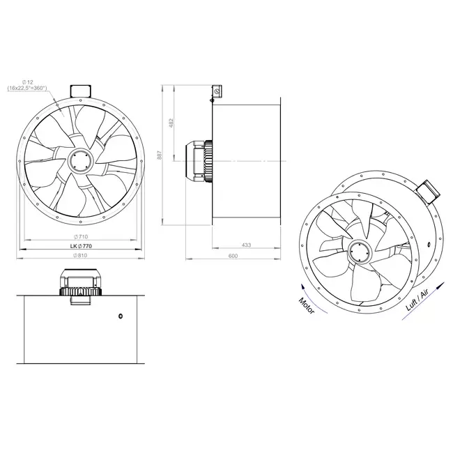 Osiowy 710 mm kanałowy wentylator spalin F400 - AL 710 D6 F4 02 CFG