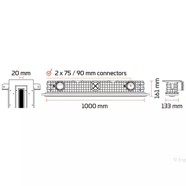Bezramowa żaluzja Ergovent 1000 mm z przyłączem o średnicy 90 mm - standard