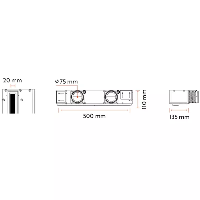 Bezramowa żaluzja Ergovent 500 mm z przyłączem o średnicy 75 mm - standard