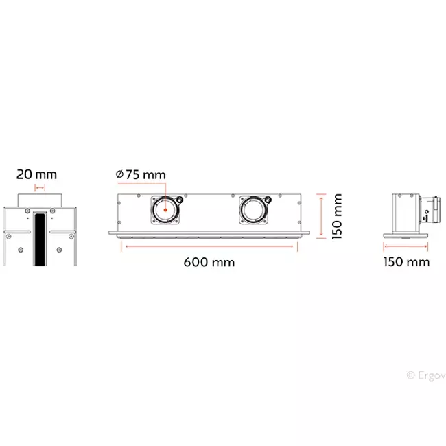 Bezramkowy nawiewnik szczelinowy Ergovent 600 mm z przyłączem o średnicy 75 mm - profil