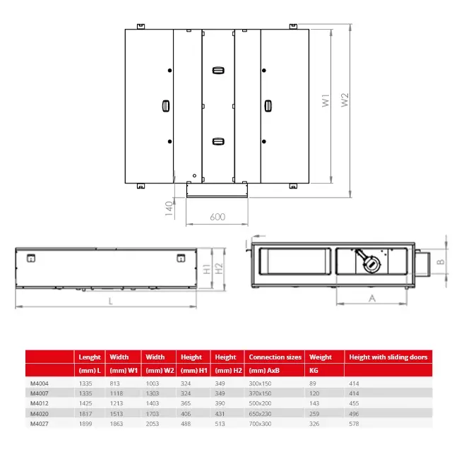 Sufitowa centrala wentylacyjna Maxivent odzysk ciepła z wymiennikiem przeciwprądowym 1200 m³/h pozioma prawa - M4012