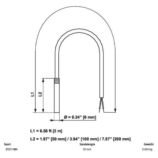 Przewodowy czujnik temperatury Belimo PT1000 50x6 mm - 2 metry - 01CT-1BH