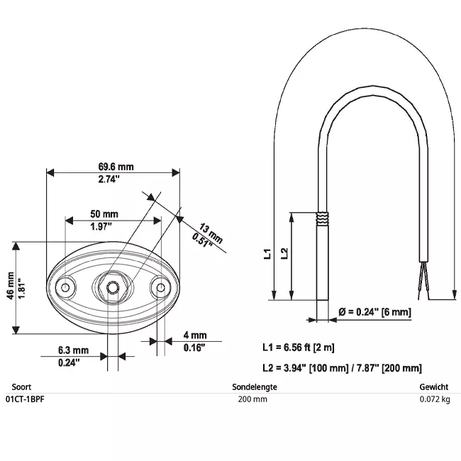 Przewodowy czujnik temperatury Belimo PT1000 200x6 mm - 2 metry z kołnierzem montażowym - 01CT-1BPF