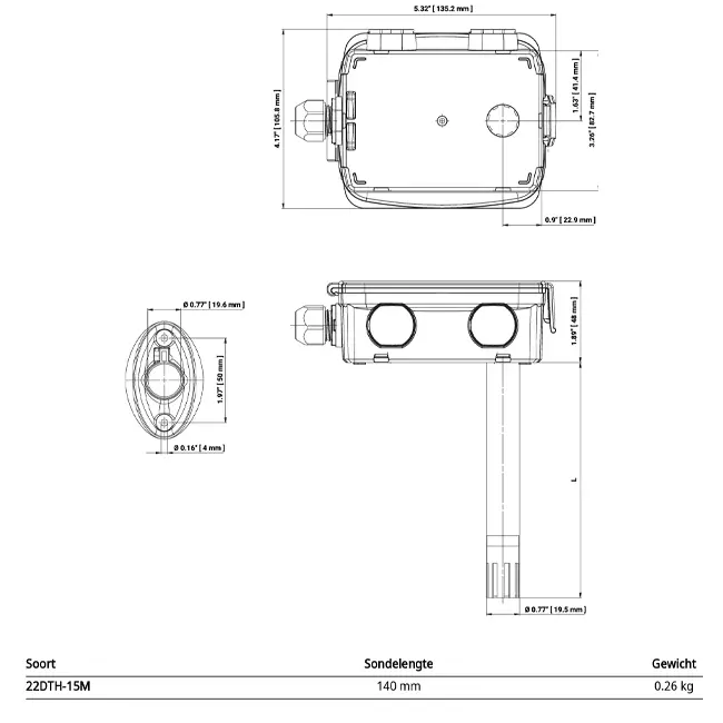 Czujnik kanałowy Belimo do pomiaru wilgotności i temperatury - Modbus RTU - sonda 140 mm - 22DTH-15M