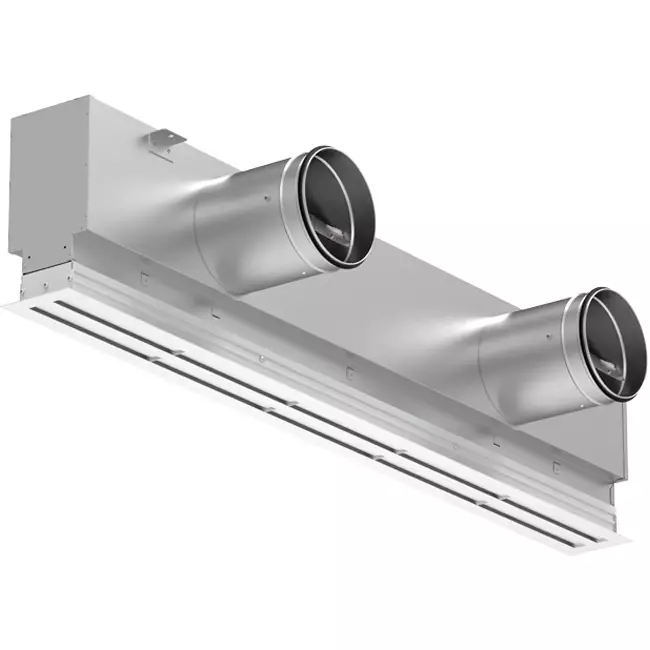 Aluminiowa kratka liniowa z 4 regulowanymi osłonami – 2000 mm – RAL 9016 + izolowana komora z przepustnicą regulującą przepływ powietrza