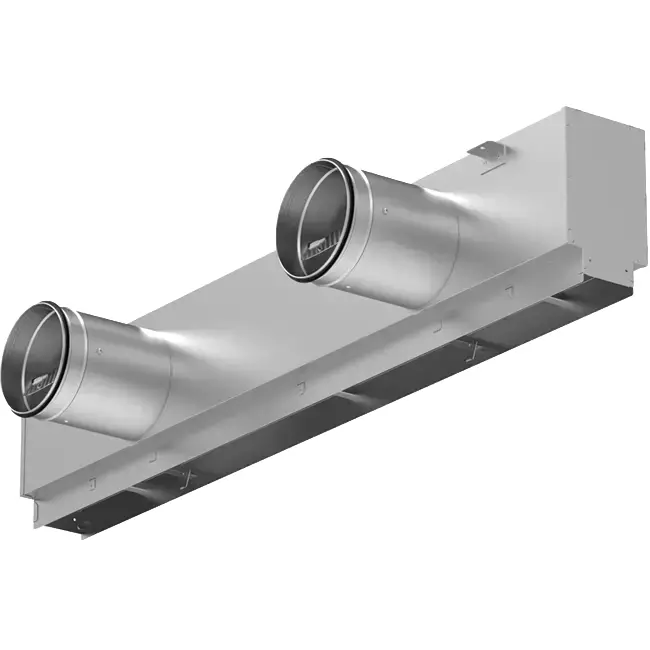 Aluminiowa kratka liniowa z 4 regulowanymi osłonami – 2000 mm – RAL 9016 + izolowana komora z przepustnicą regulującą przepływ powietrza