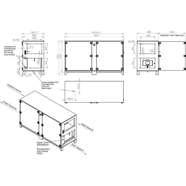 Centraly wentylacyjne Maxivent WTW z wymiennikiem przeciwprądowym o wydajności 2800 m³/h z baterią DX, poziome, z prawostronnym montażem – PHE 2800 H ODJR