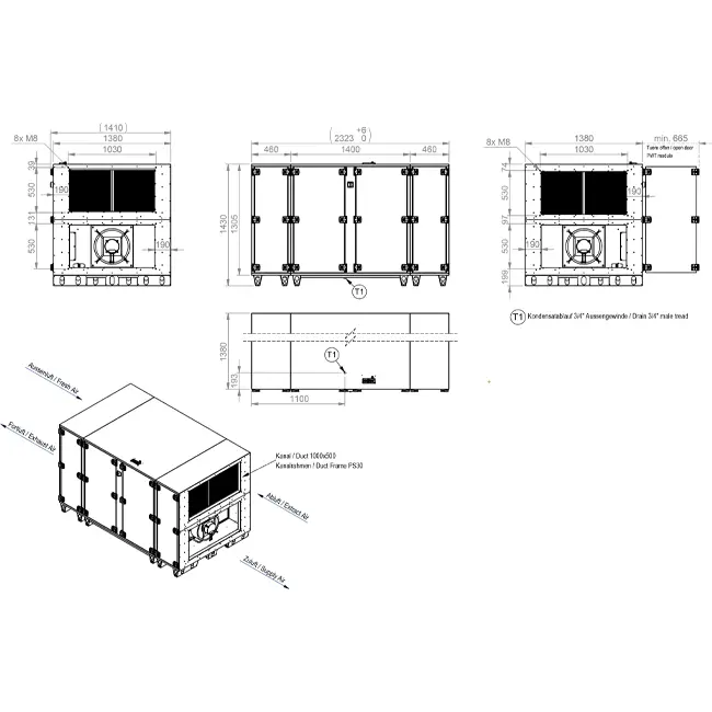 Centraly wentylacyjne Maxivent WTW z wymiennikiem przeciwprądowym 7600 m³/h, poziome, po prawej stronie – PHE 7600 H OOJR T 02