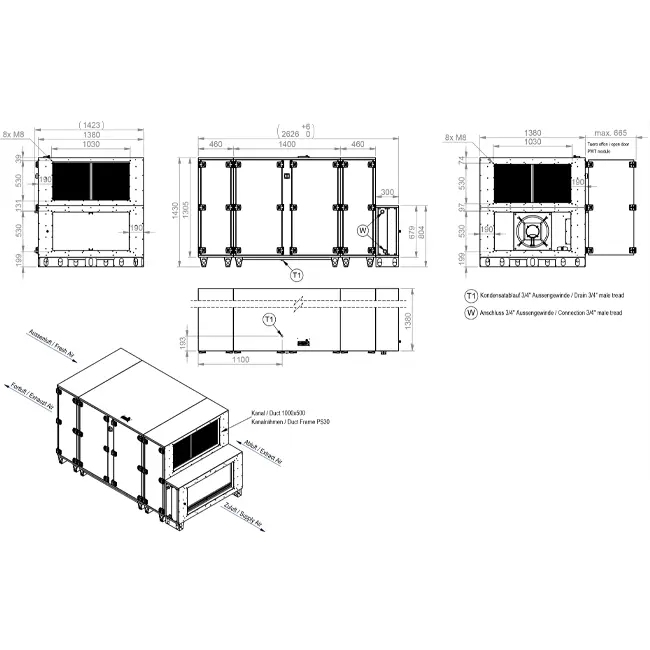 Centralne klimatyzacyjne Maxivent WTW z wymiennikiem przeciwprądowym o wydajności 4200 m³/h z baterią wodną, poziome, po lewej stronie – PHE 4200 H WOJL T 01