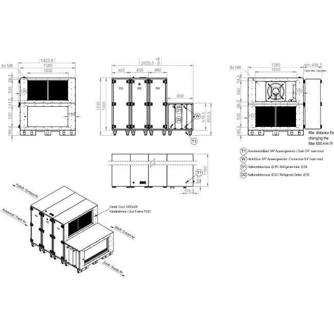 Centralne klimatyzacyjne Maxivent WTW z kołem cieplnym o wydajności 16 000 m³/h, z baterią ciepłej wody i baterią zimnej wody, poziome, po prawej stronie – RHE 16000 H WKJR T 01