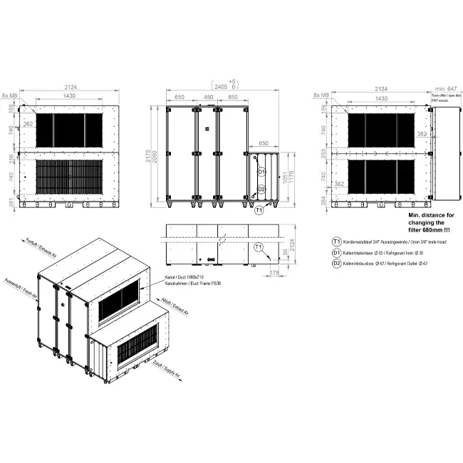Centraly wentylacyjne Maxivent WTW z kołem cieplnym o wydajności 7600 m³/h, z baterią DX, poziome, z lewym montażem – RHE 7600 H ODJL T 02