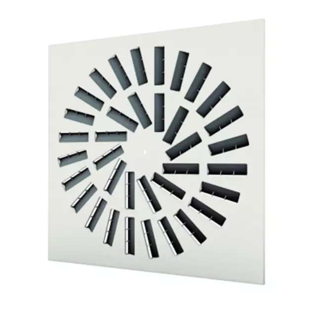 Regulowany kwadratowy nawiewnik wirowy 600 x 600 z 36 łopatkami – kolor mieszany RAL 9010