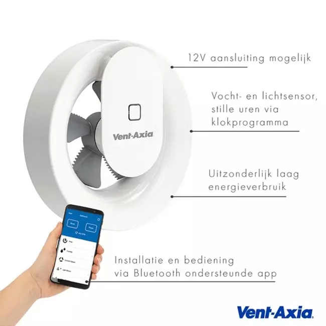 Vent Axia łazienkowy wentylator wyciągowy Svara z czujnikiem wilgoci i światła Ø 100 - 125 mm (sterowany za pomocą aplikacji)