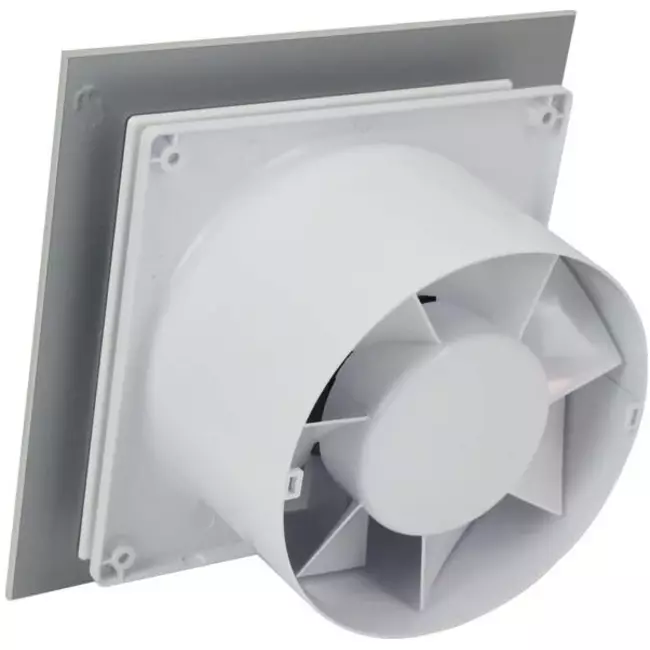 Wyciągowy wentylator łazienkowy Ø 125 mm - panel przedni ze szkła w kolorze satynowego srebra