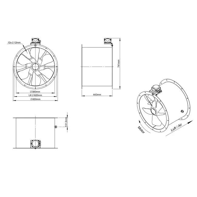 Osiowy wentylator kanałowy 560 mm - AL 560 D4 01 CFG