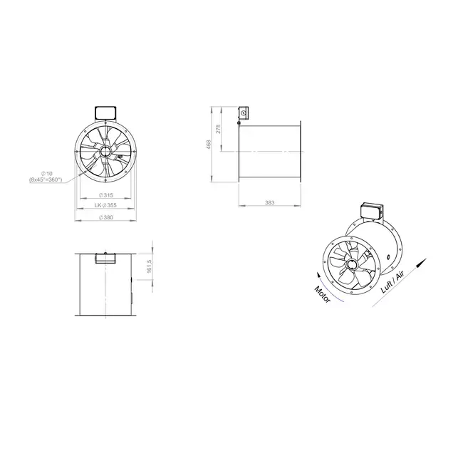 Osiowy 315 mm kanałowy wentylator spalin F300- AL 315 D2 F3 01 CFG