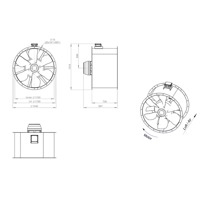 Osiowy 1120 mm kanałowy wentylator spalin F300- AL 1120 D6 F3 03 CFG