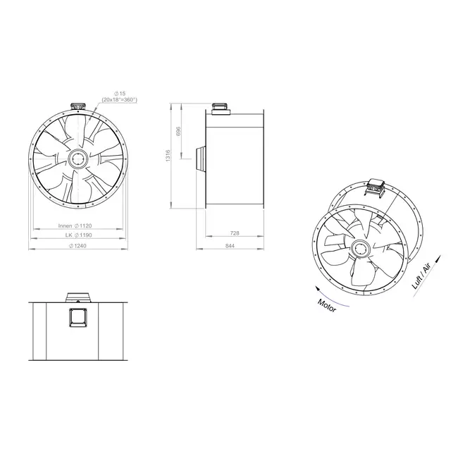 Osiowy 1120 mm kanałowy wentylator spalin F300- AL 1120 D6 F3 02 CFG