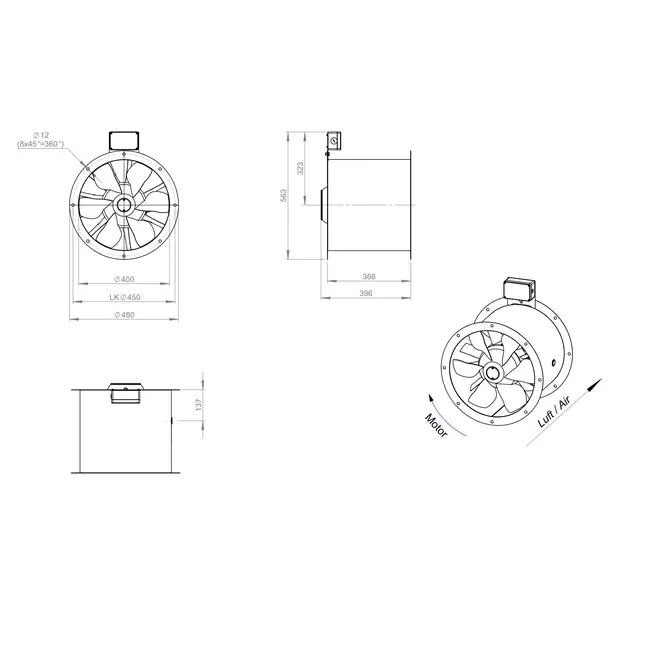 Osiowy 400 mm kanałowy wentylator spalin F300- AL 400 D2 F3 01 CFG