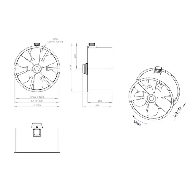 Osiowy wentylator kanałowy 1250 mm F300- AL 1250 D6 F3 01 CFG